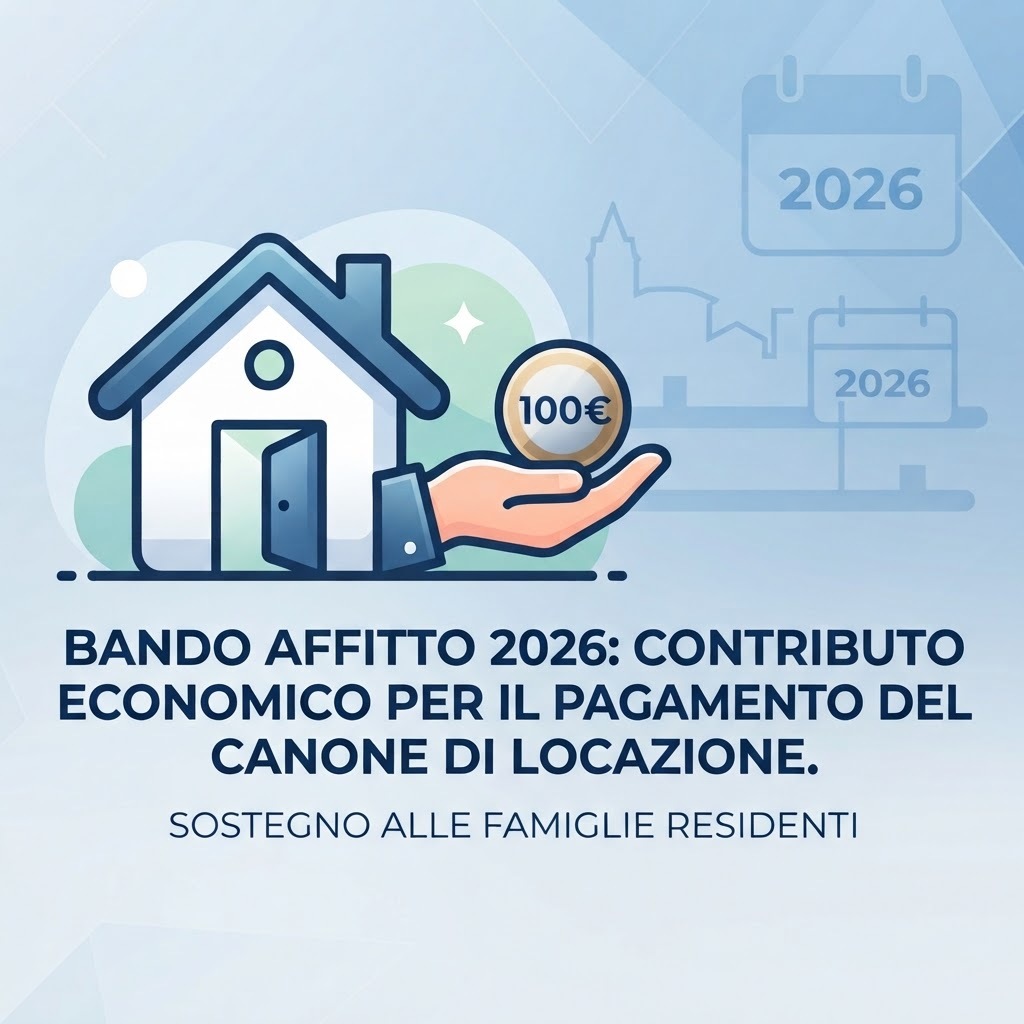 Grafica istituzionale Bando Affitto 2026: icona di una casa stilizzata e mano che sostiene una moneta, con il titolo del contributo economico comunale per le famiglie residenti.
